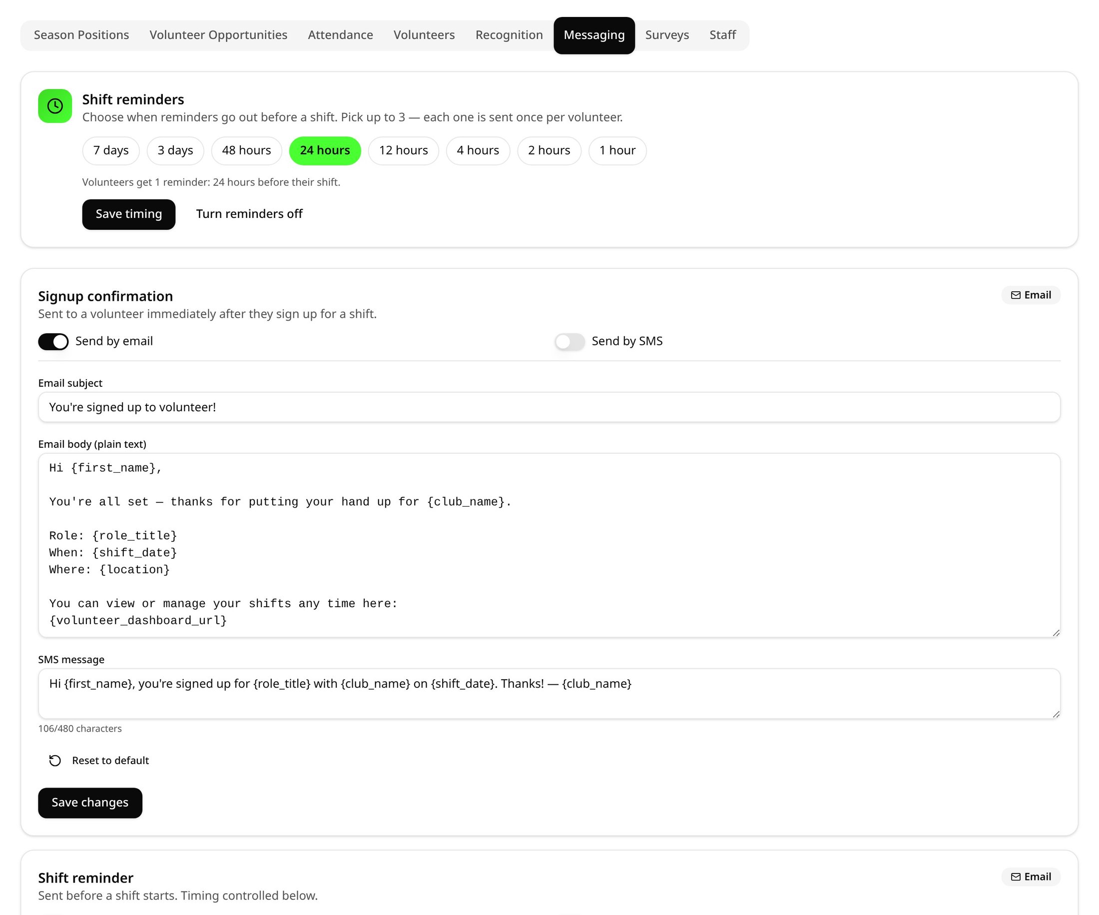 VolunTeam Messaging tab with editable templates and shift reminder timing