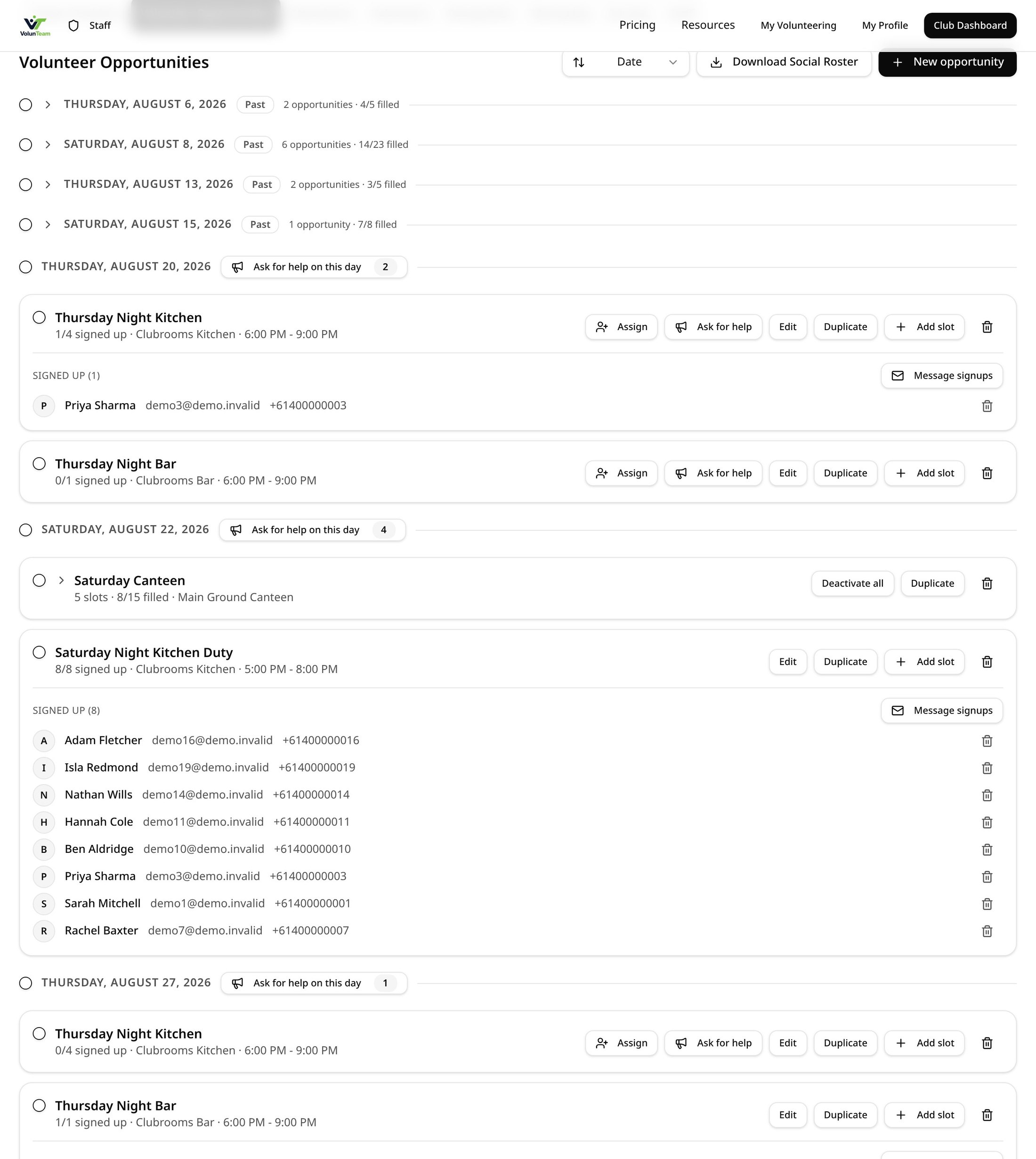 VolunTeam club dashboard showing volunteer opportunities and how many spots are filled