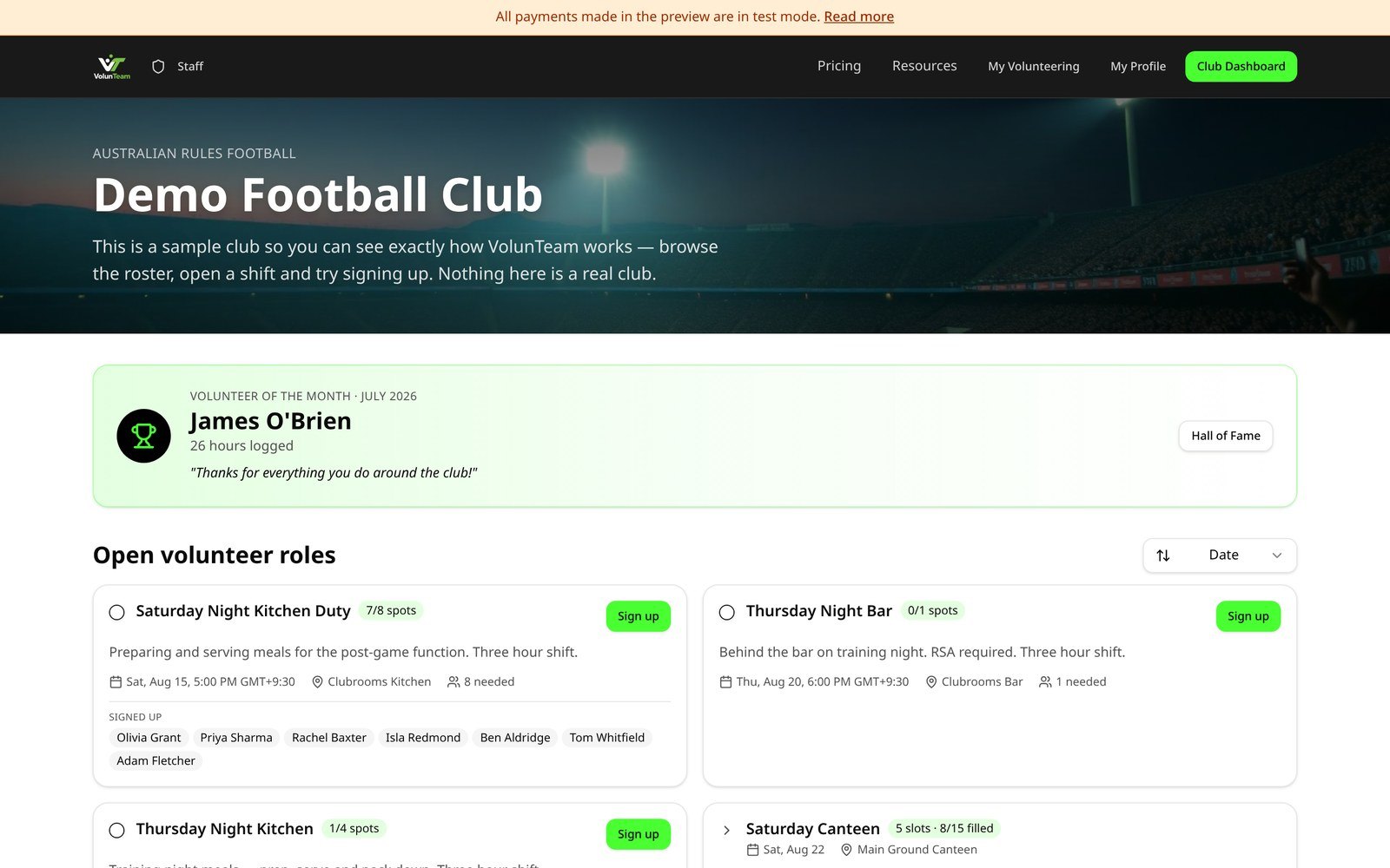 The public VolunTeam sign-up page for a demo football club