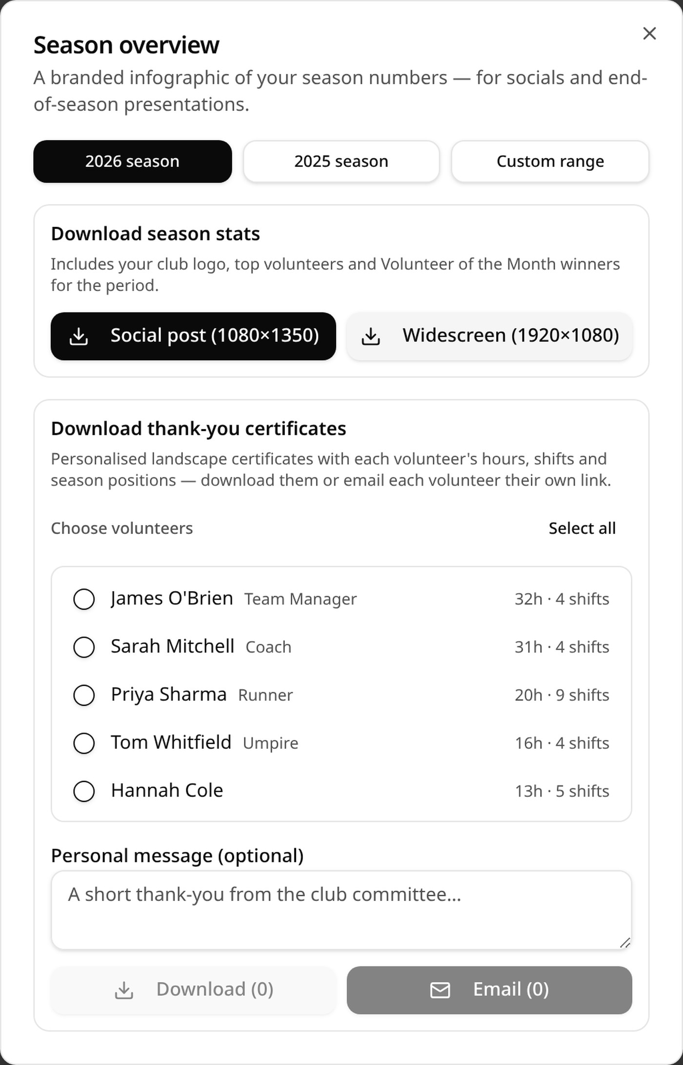 VolunTeam season overview dialog with season stats downloads and thank-you certificates